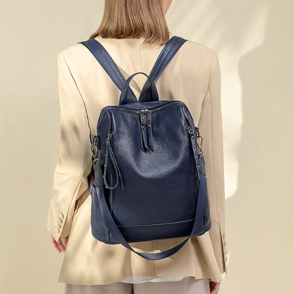 Hong Kong Style New Soft Leather Women's Dual Shoulder Backpack Large Capacity Waterproof Versatile Casual Travel Ladies Bookbag